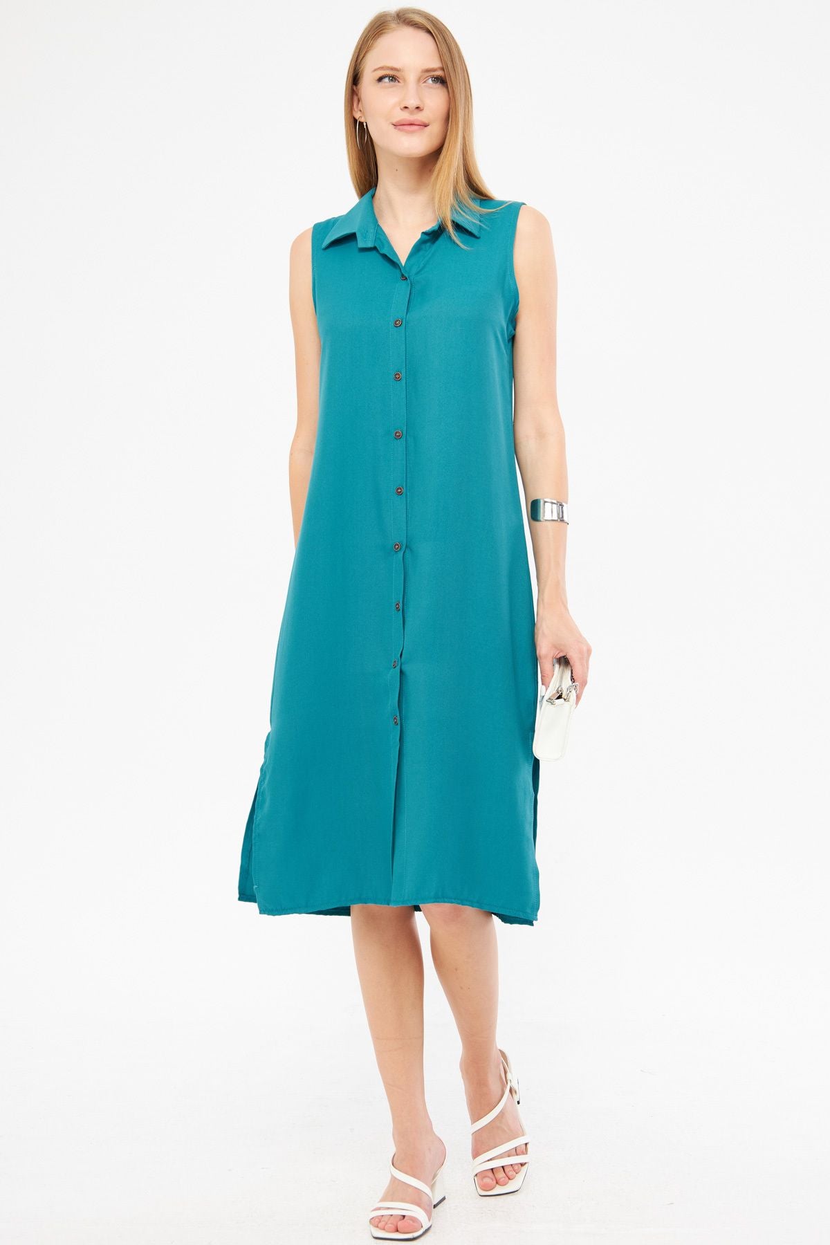 Female turquoise collar buttoned dress ARM-17Y00028