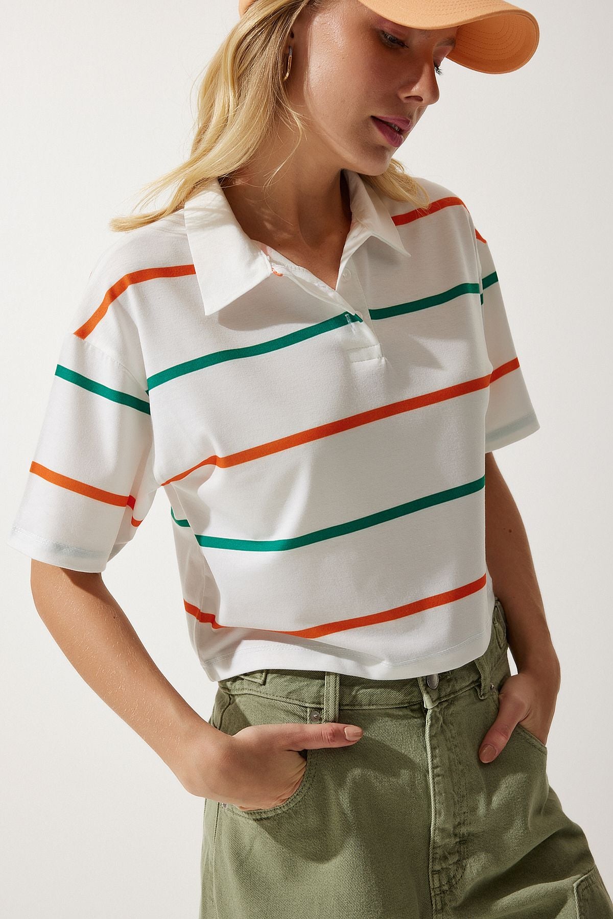 Woman Ekru Orange Polo collar striped short knitting T-shirt HF00454