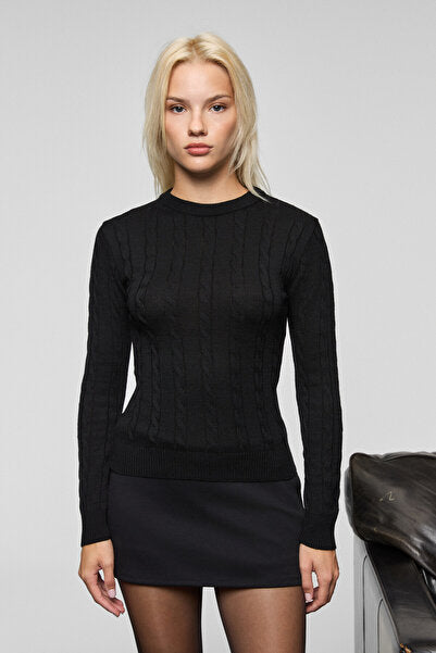 QUERIDA Women's Round Neck Braided Regular Fit Knitwear Black Sweater