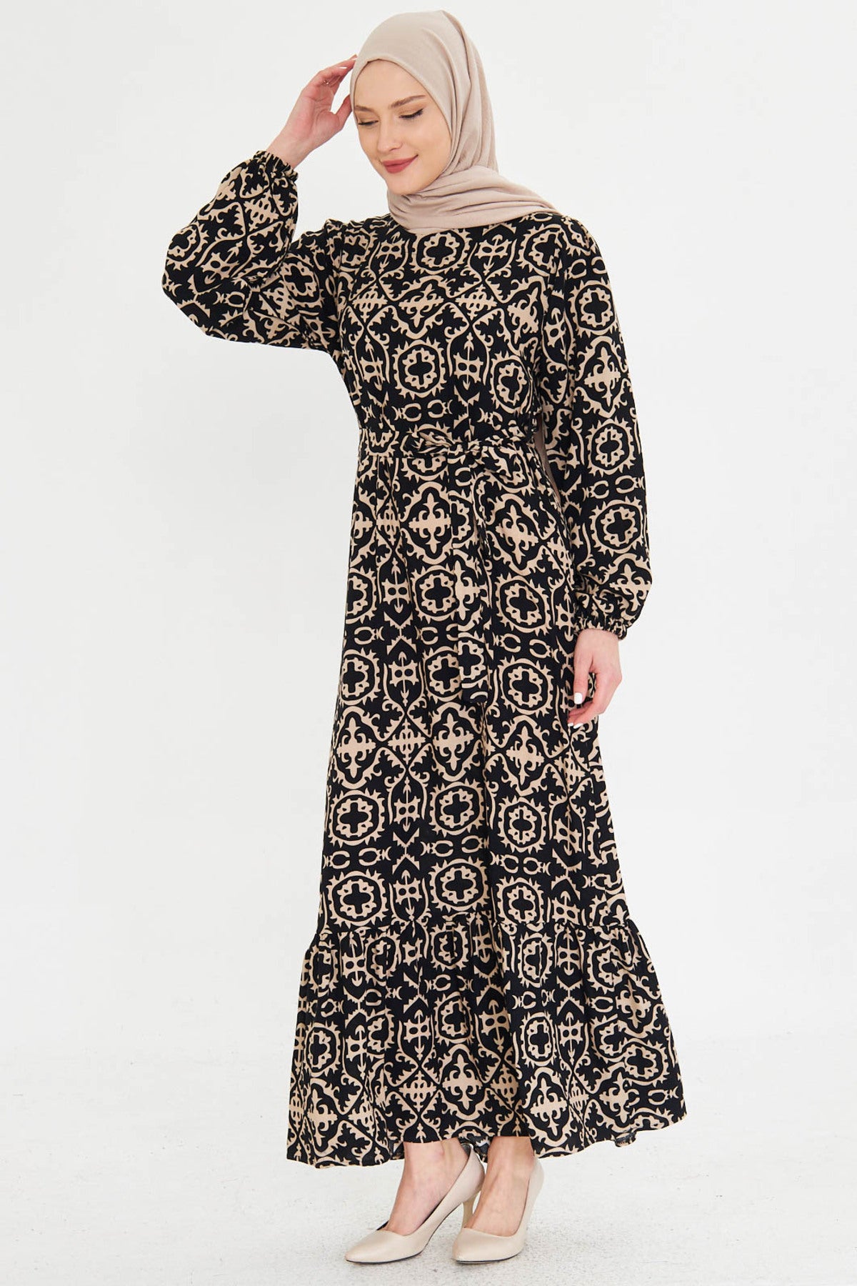 Women's Black-Beige Crew Neck Back Zipper Skirt Frilly Belted Long Hijab Dress ARM-25K001101