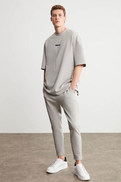 Project Men's Print Detailed Oversize Fit 100% Organic Cotton Knitted Crew Neck Knitted Gray T-shirt