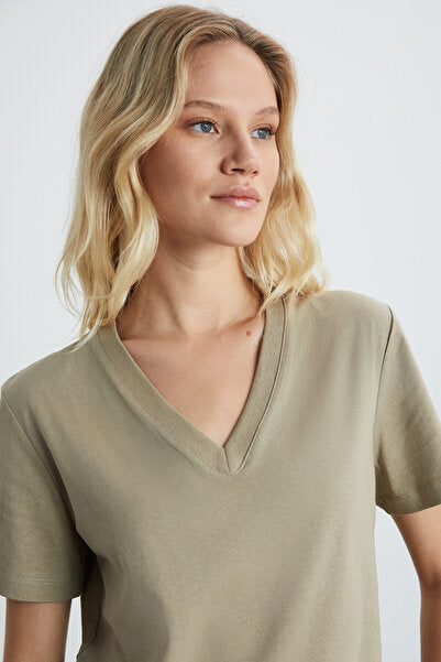 Aline Women's 100% Organic Cotton Deep V-Neck Comfort Fit Beige T-shirt