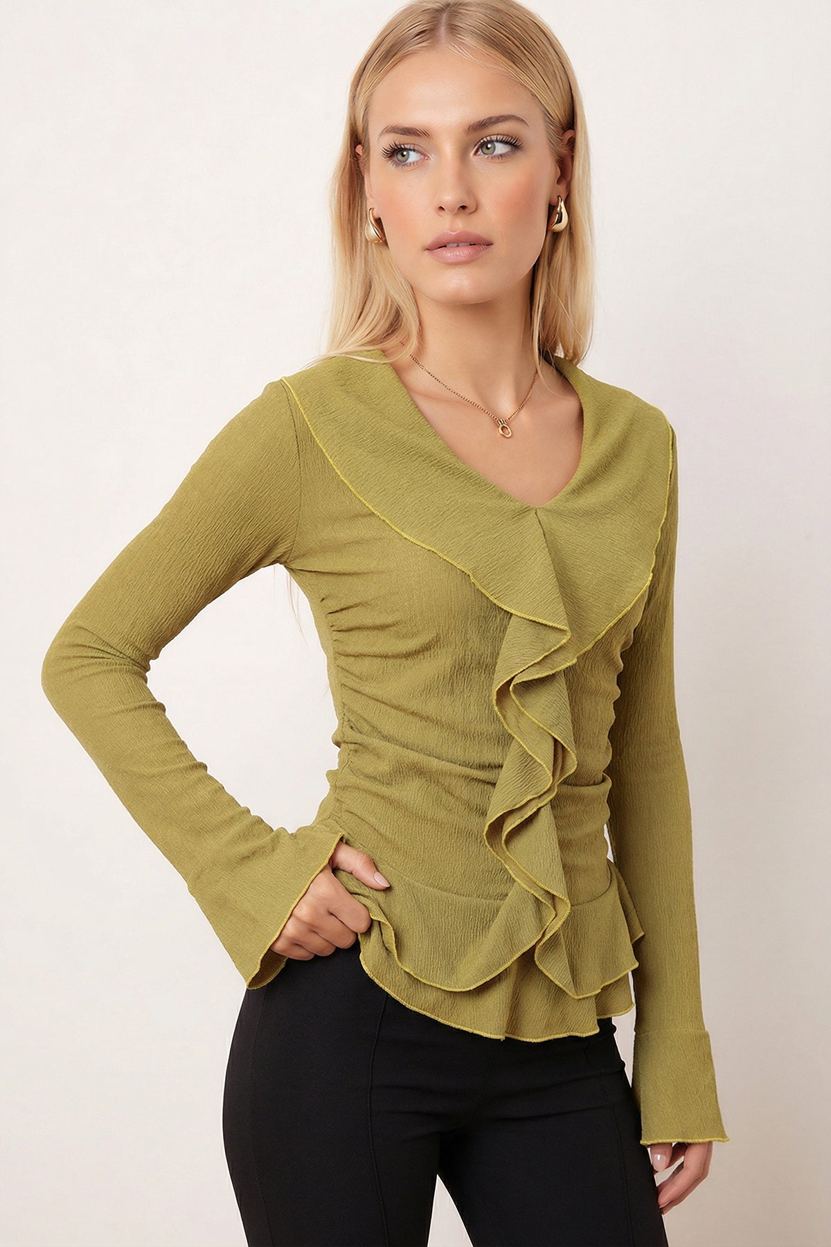Women's Oil Green Collar, Ruffled Sleeves, Gathered Blouse ARM-26K001079