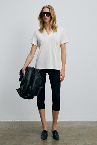 ALINE Women's 100% organic Cotton Deep V-Neck Comfort Fit Ecru T-Shirt