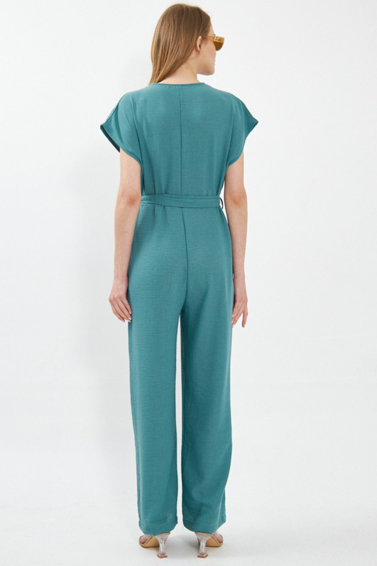 Women's Turquoise Deka Jumpsuit Double Breasted Collar Belted Pocket Sleeveless ARM-24Y001031