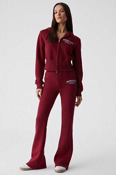IRESSEN Women's Embroidery Patterned Regular Fit Claret Red Sweatpants