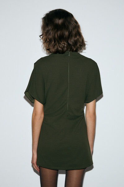 MAXINE Women's Short Sleeve Mini Khaki Dress with Pleat Detail on Shoulders and Waist, High Collar, Zipper