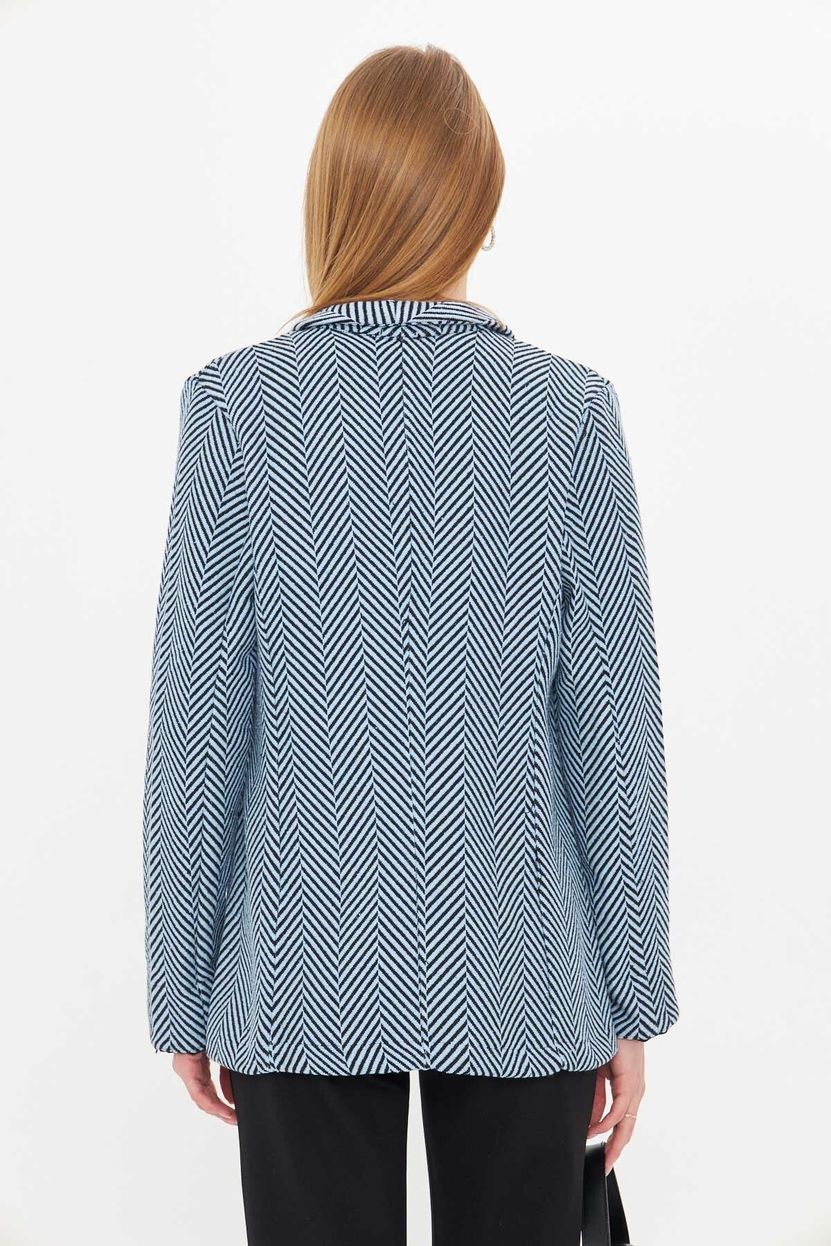 Women's Baby Blue Herringbone Pattern Sleeve Folded Single Button Stash Jacket ARM-24K001066