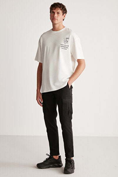 Alonzo Men's Oversize Fit 100% Cotton Embroidered and Printed Ecru T-shirt