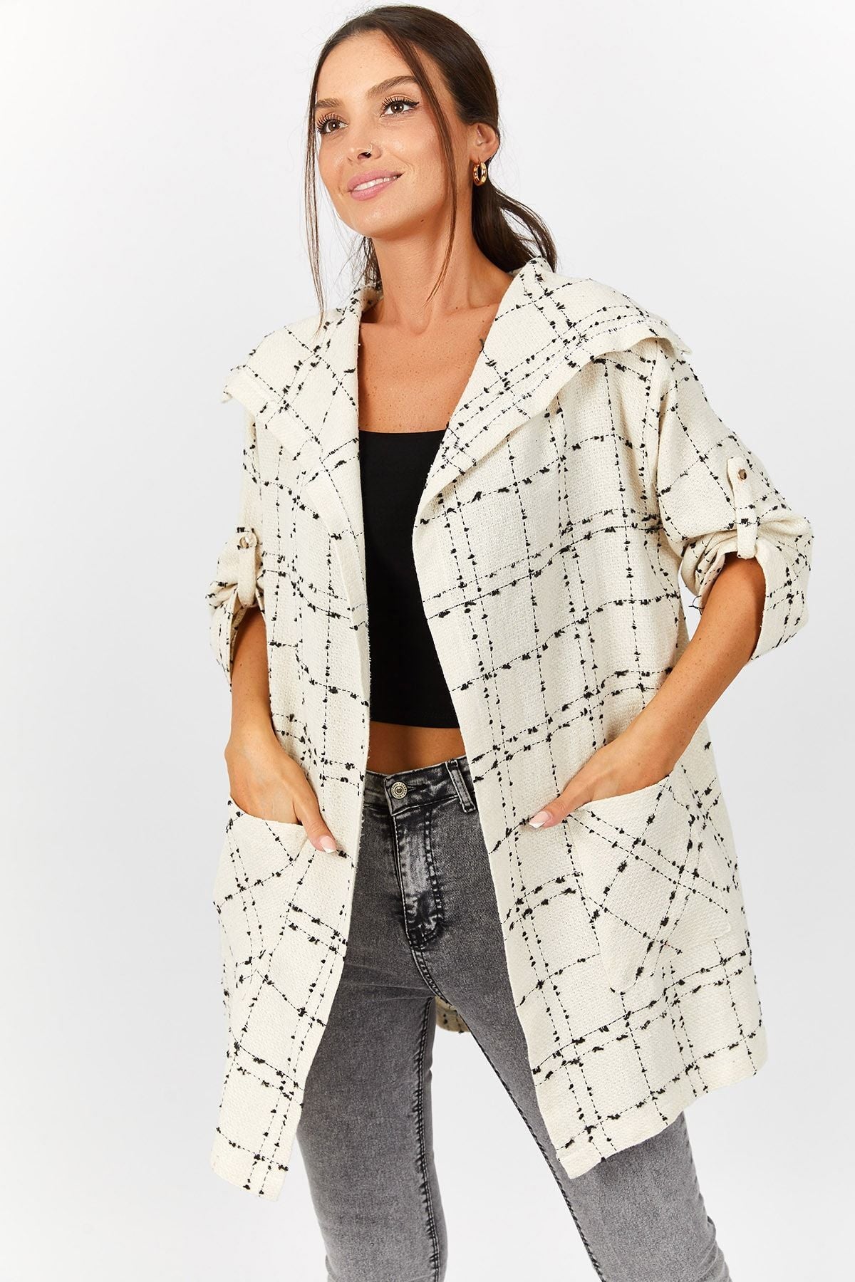 Women's White Plaid Loose Jacket with Pockets ARM-22Y001160