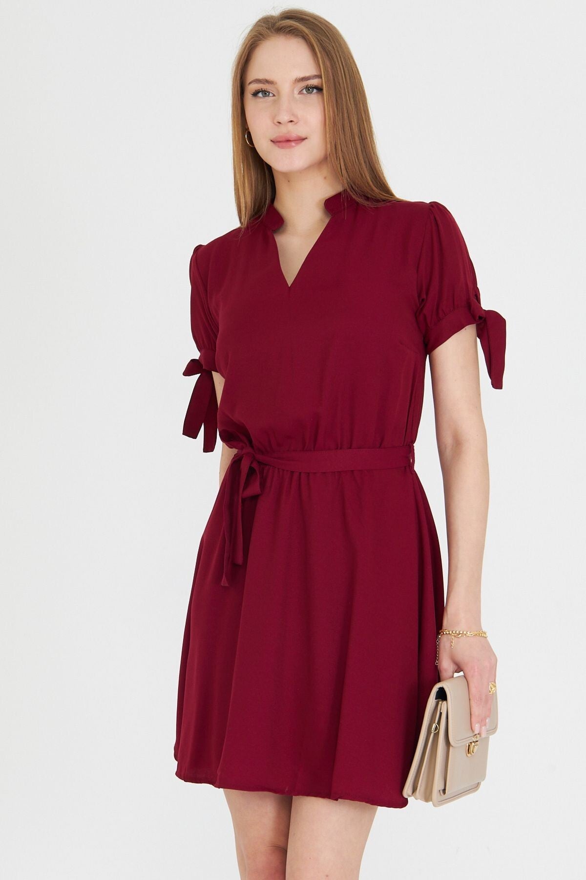 Women's Burgundy Collar Sleeve Tied Waist Elastic Belted Short Dress ARM-23Y001088