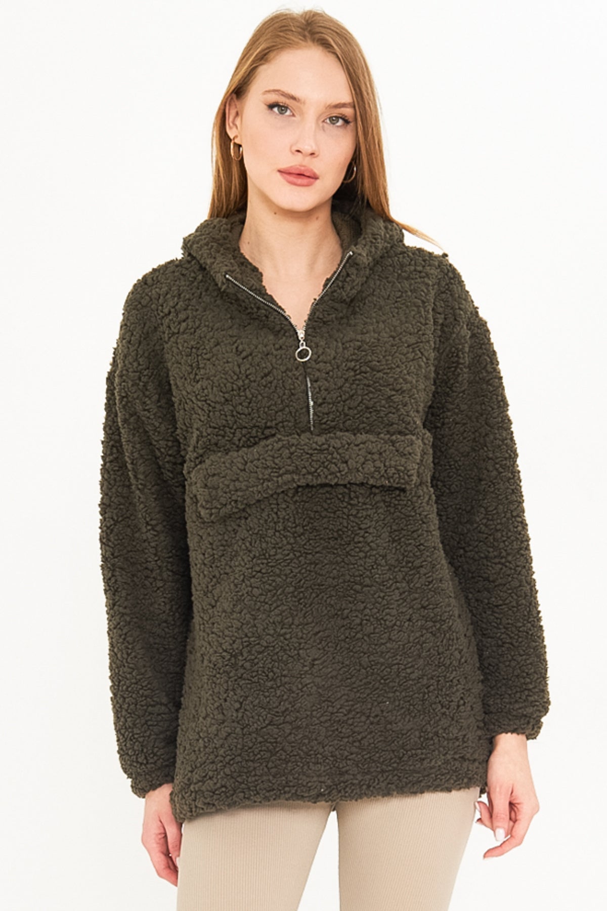 Women's Khaki Hooded Plush Sweatshirt with Pocket Cover ARM-25K001090