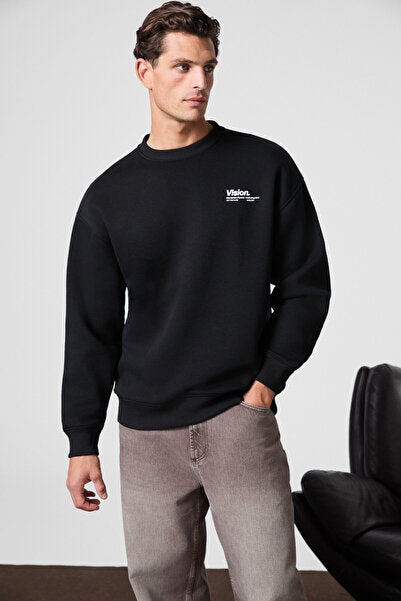 Ernest Men's Organic Cotton Soft Print Detailed Crew Neck Black Sweatshirt with Fleece Inside