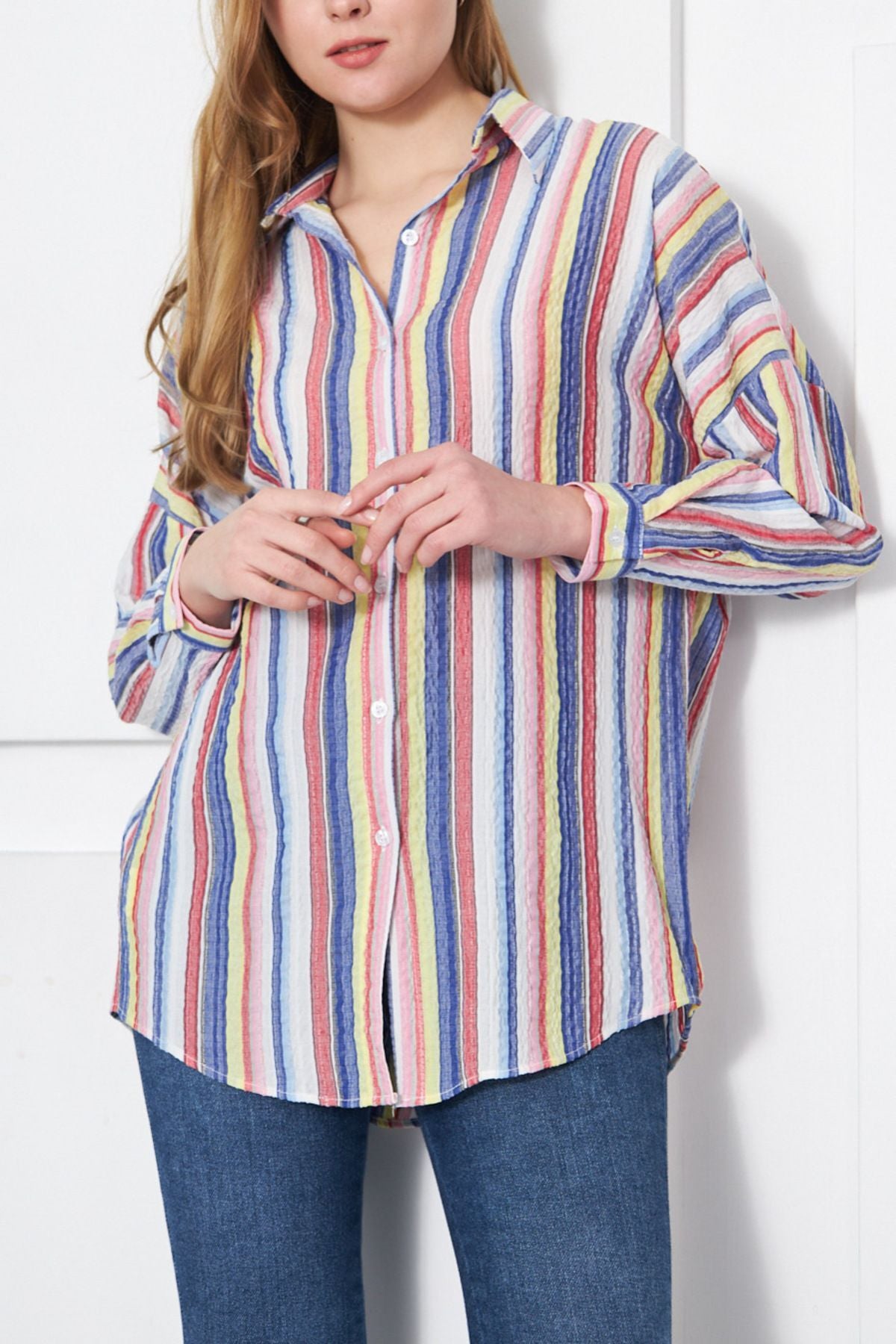 Women's Yellow Striped Oversize Long Basic Shirt ARM-24K001061