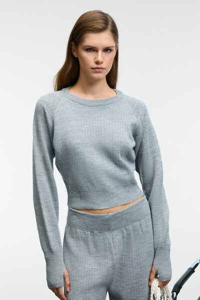 MARIPOSA Women's Round Neck Stripe Patterned Crop Wide Leg Knitwear Grimelange Bottom-Top Set