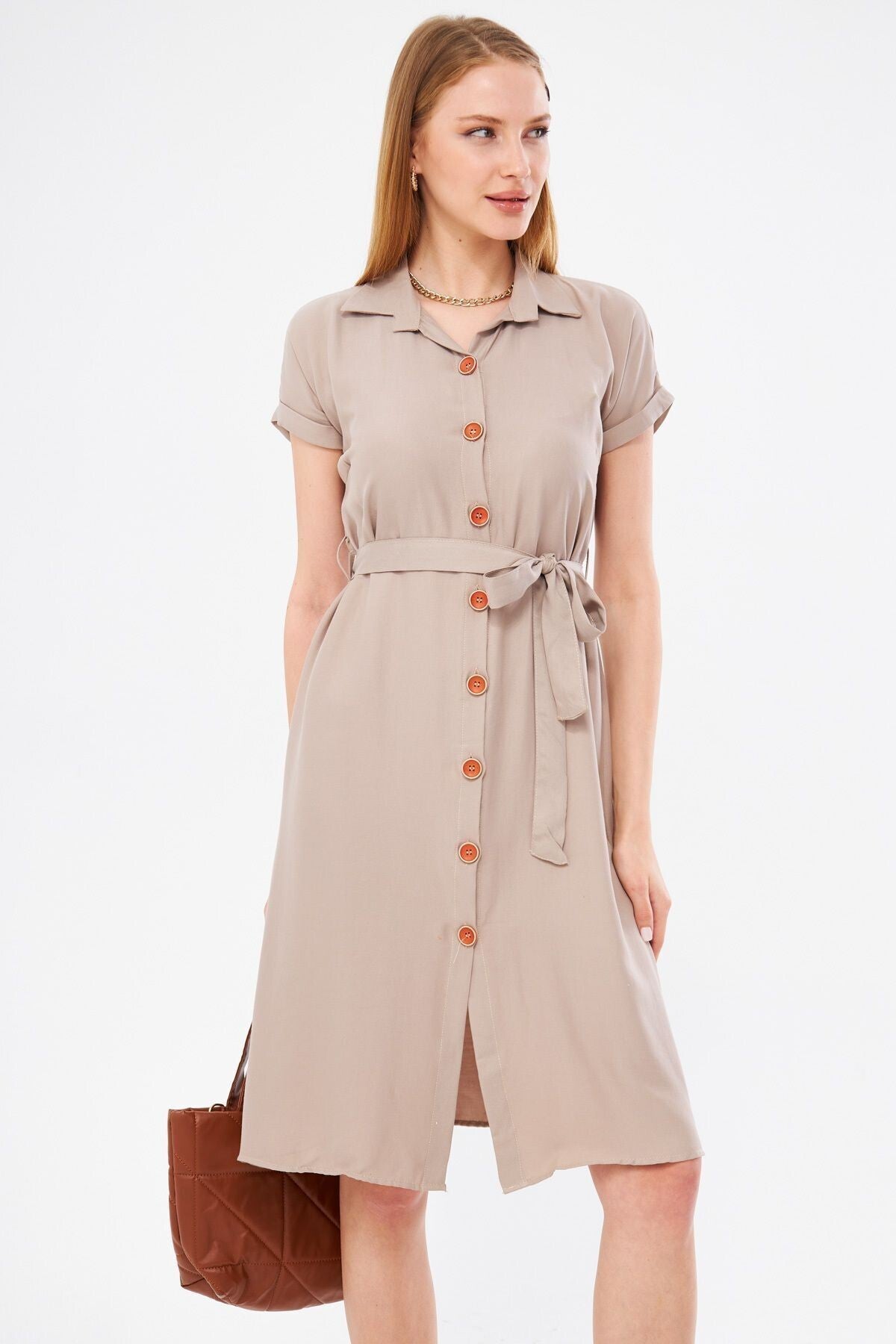 Women's Beige Waist Belted Short Sleeve Shirt Dress ARM-19Y001068