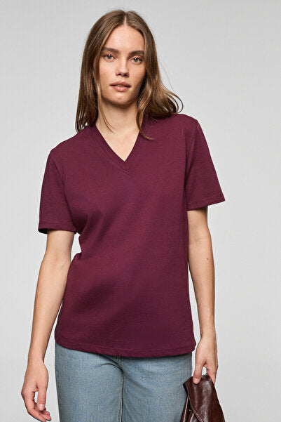 ALINE Women's 100% Organic Cotton Deep V-Neck Comfort Fit Claret Red T-Shirt