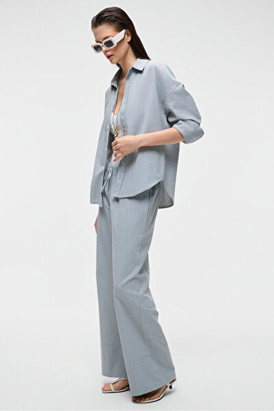 VESTA Women's 100% Cotton Linen Look Flared Oversize Gray Shirt