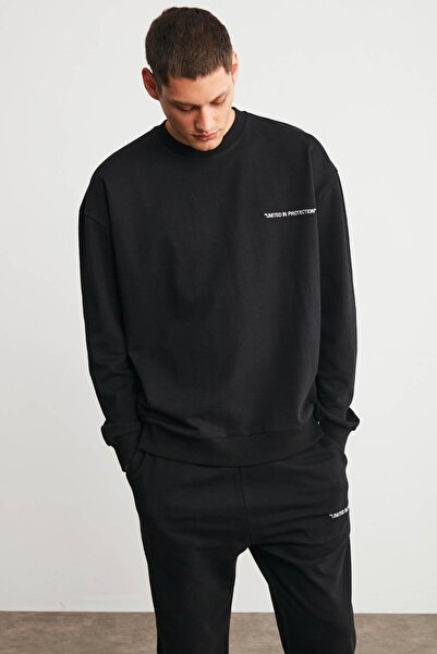 Raırok Men's Comfort Oversize Embroidered Black Sweat with Fleece Inside