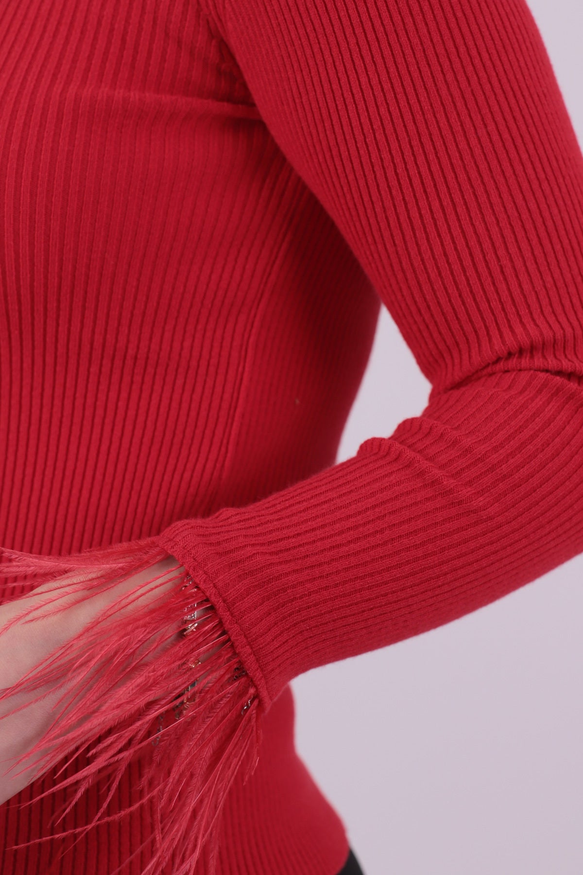Women's Red Turtleneck Sleeve Furry Knitwear Sweater ARM-26K136038