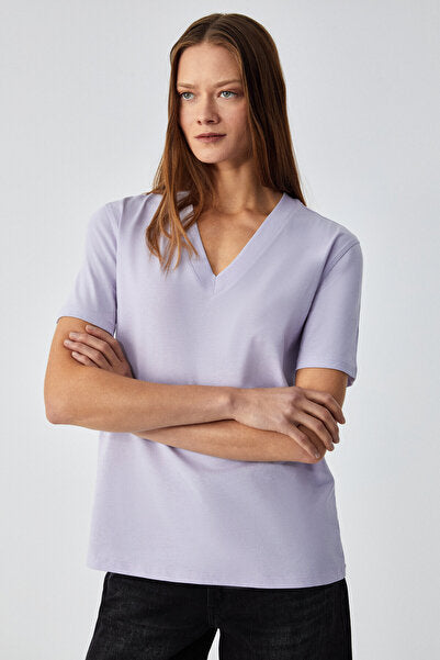 ALINE Women's 100% Organic Cotton Deep V-Neck Comfort Fit Lilac T-Shirt