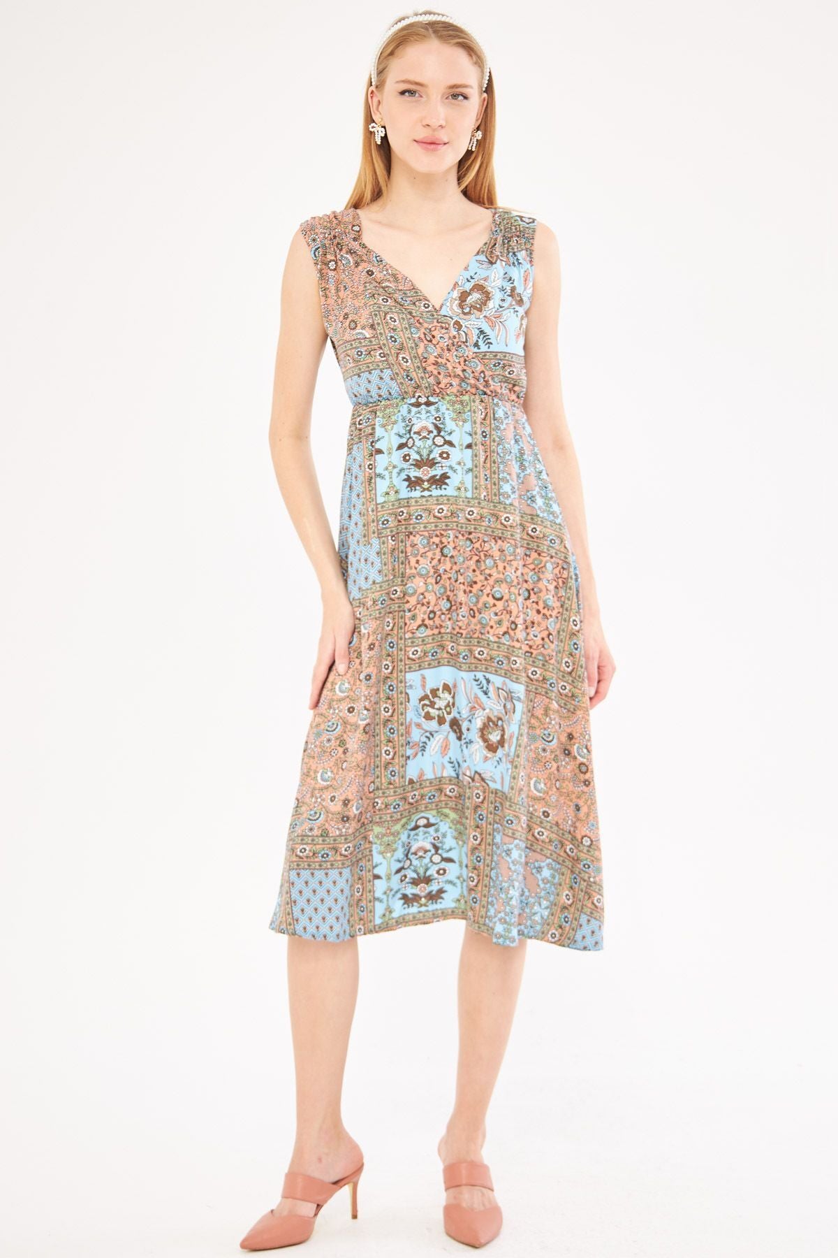 Women's Baby Blue Patterned Double Breasted Collar Midi Dress with Elastic Waist and Shoulders ARM-24Y001052