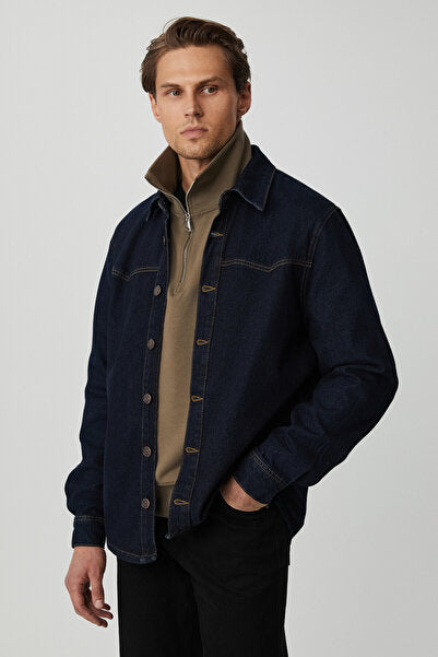 Borna Men's Rinse Denim Comfortable Wide Cut Jacket Look Navy Blue Jacket