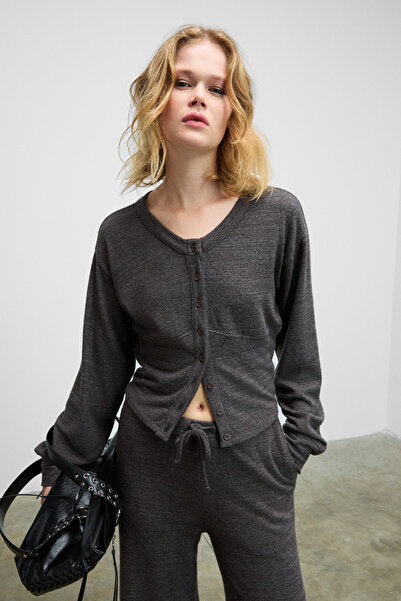 CLARITA Women's Soft and Flexible Fabric Buttoned Crop Dark Gray Cardigan