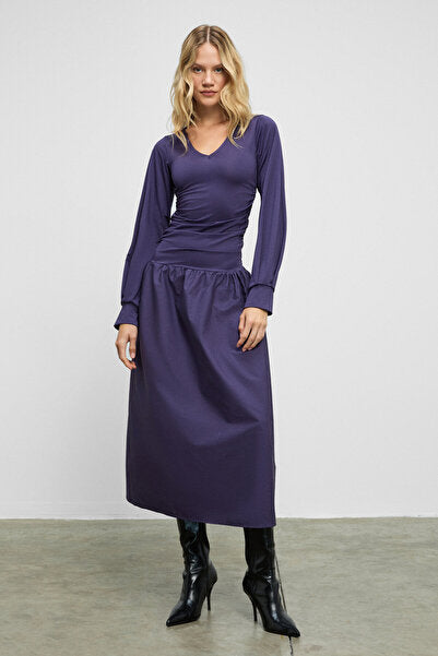 YOKEND Women's V-Neck Puff Detailed Flexible Fabric Skirt Poplin Purple Dress