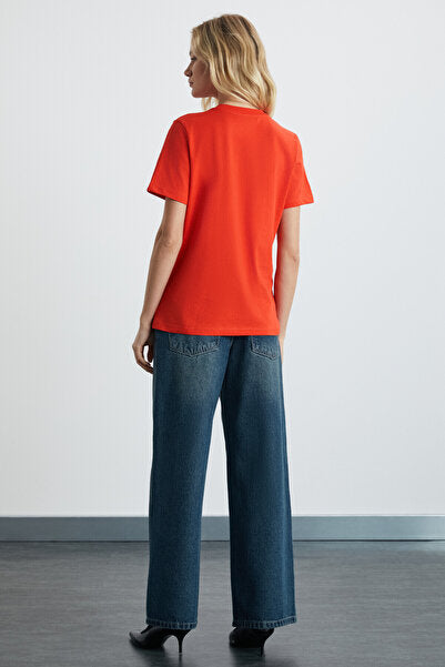 Aline Women's 100% Organic Cotton Deep V-Neck Comfort Fit Red T-shirt