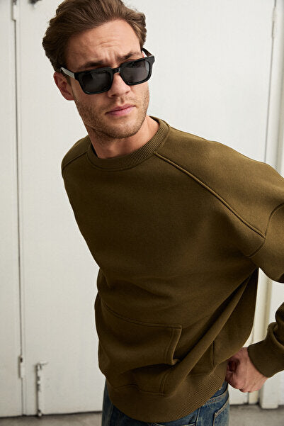 COYOTES Men's Crew Neck Kangaroo Pocket Organic Cotton Regular Fit Dark Khaki Sweatshirt