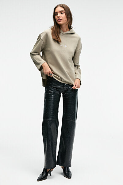 CAMELLIA Women's Front Embroidered Hem Slit Hooded Comfort Fit Stone Color Sweatshirt