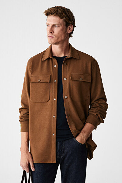 MAZE Men's Special Textured Thick Fabric Dark Mink Jacket with Pockets and Snap Fasteners