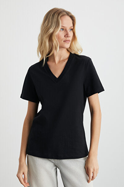 Aline Women's 100% Organic Cotton Deep V-Neck Comfort Fit Black T-shirt