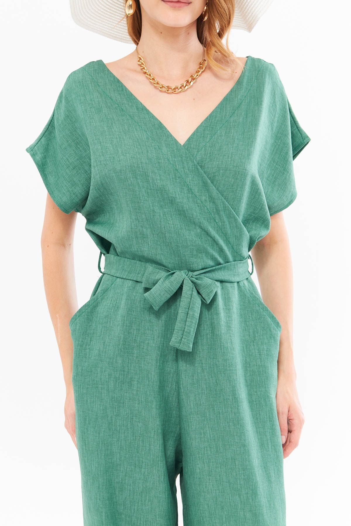 Women's Green Double Breasted Collar Back V Detailed Pocket Belted Wide Leg Jumpsuit ARM-24Y001073