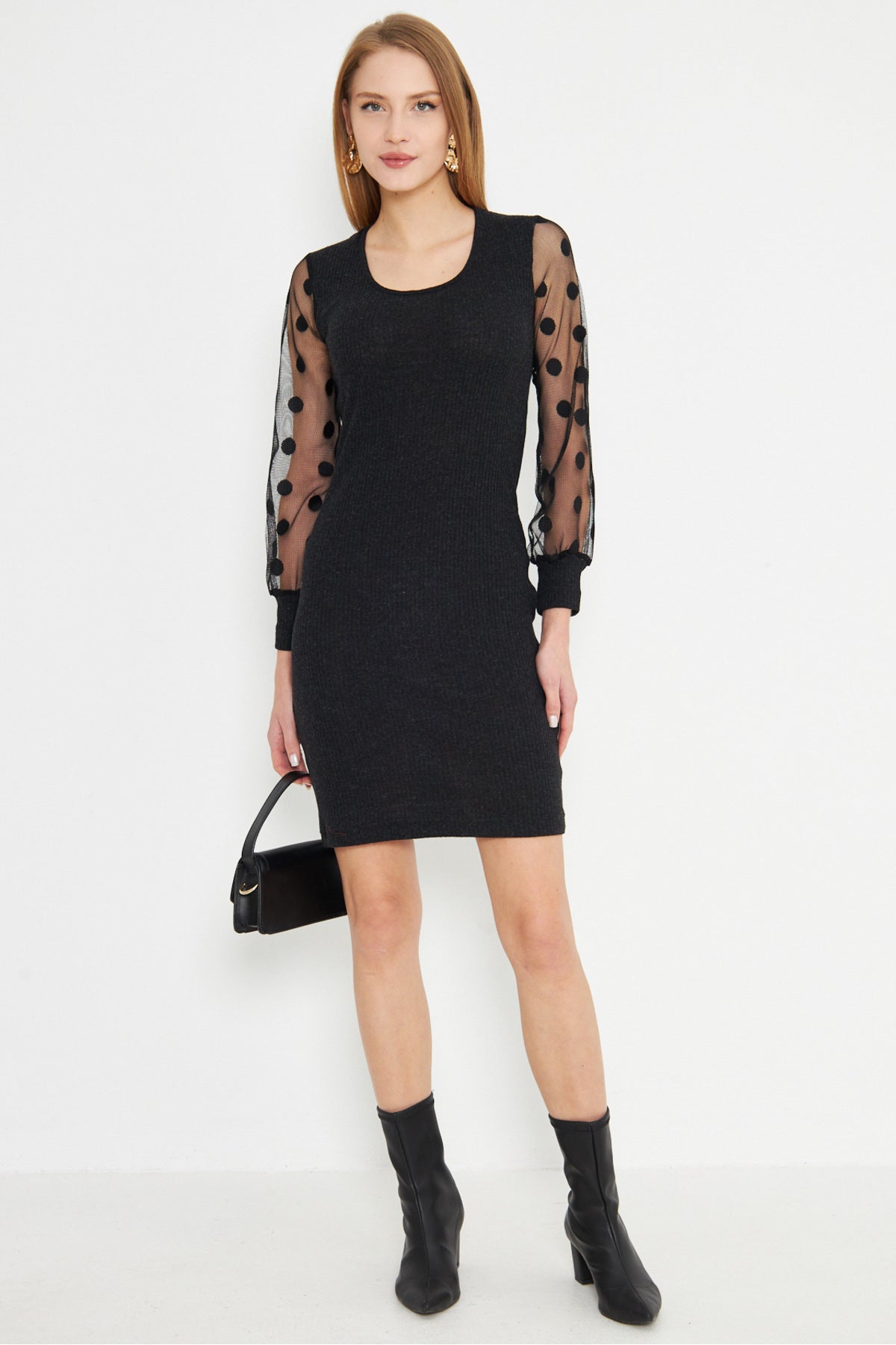 Women's Black U-Neck Fitted Sleeves Tulle Detailed Camisole Knitwear Dress ARM-25K001068