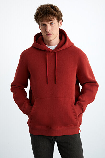 Yokohama Men's Soft Regular Kangaroo Pocket Hooded Brick Color Sweatshirt with Fleece Inside
