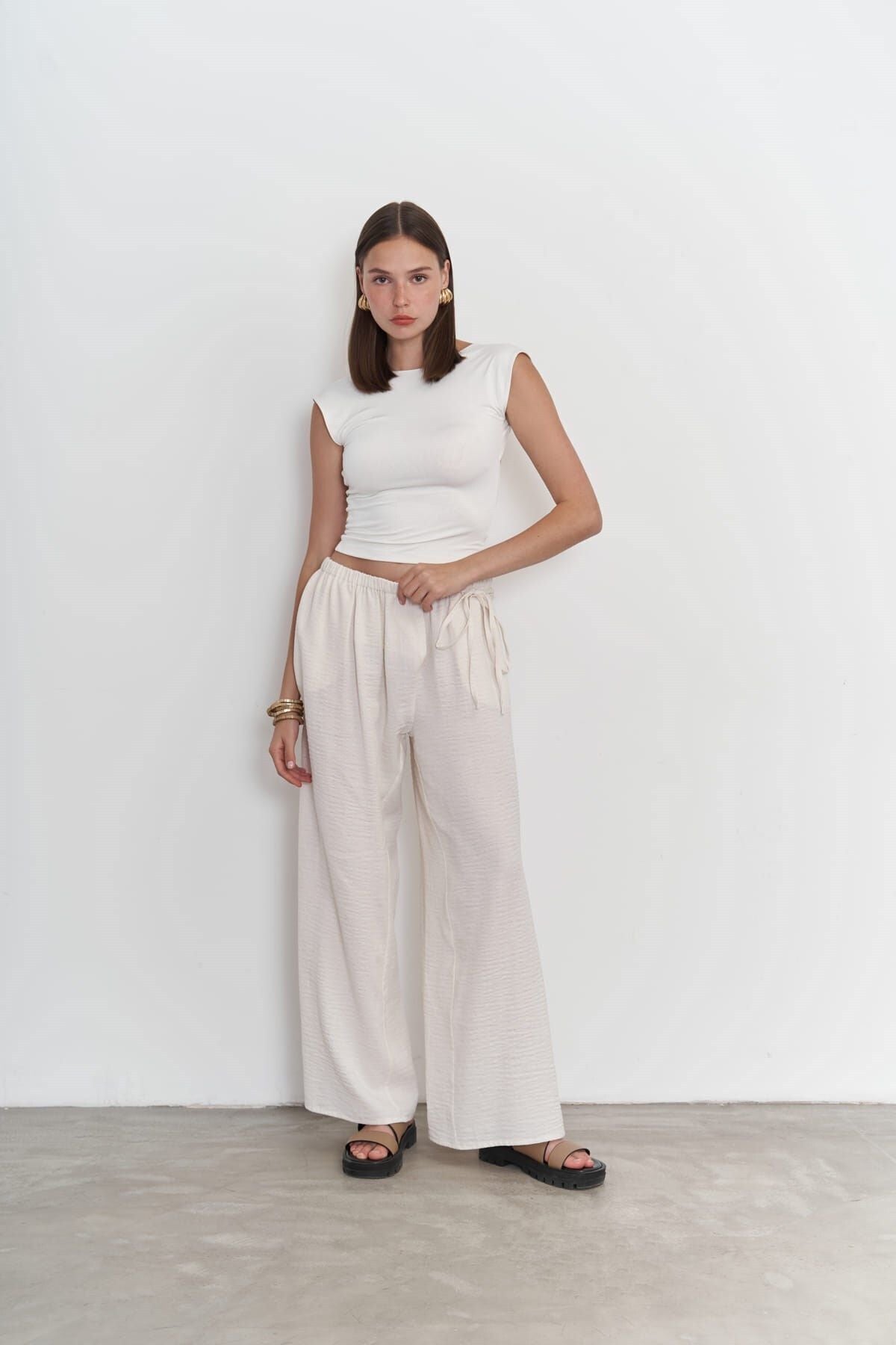 Harmony Side Tie Ecru Trousers