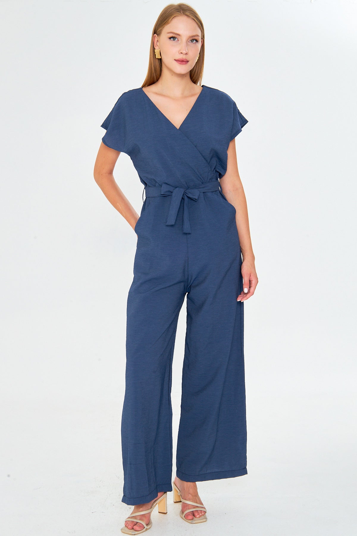 Women's Dark Blue Double Breasted Collar Back V Detailed Pocket Belted Wide Leg Jumpsuit ARM-24Y001073
