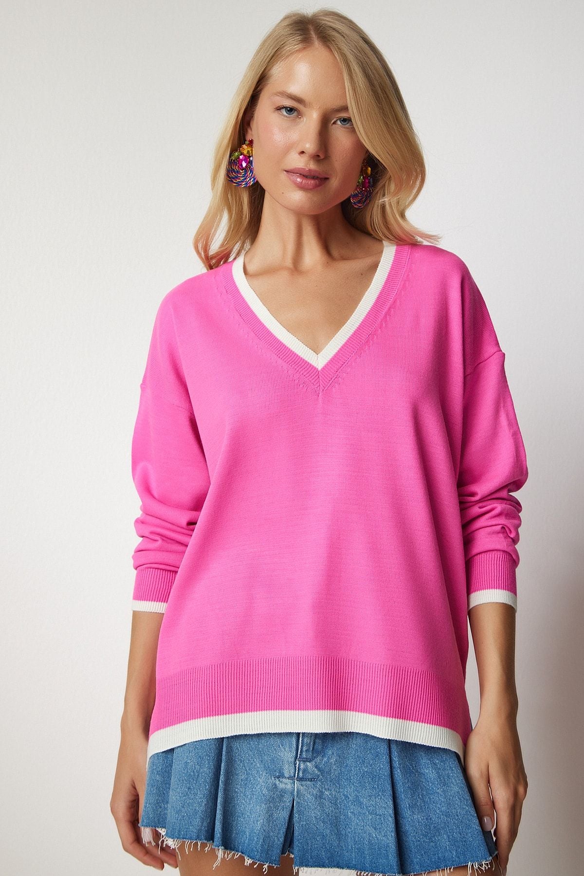 Woman Pink V Yaka Oversize Knitwear Kazakh BV00081