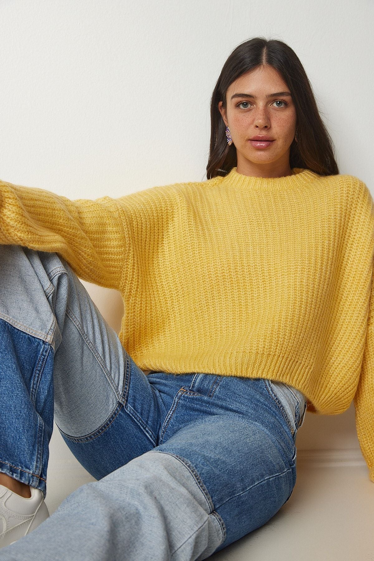 Woman Yellow Balloon Sleeze Basic Knitwear Sweater BV00098