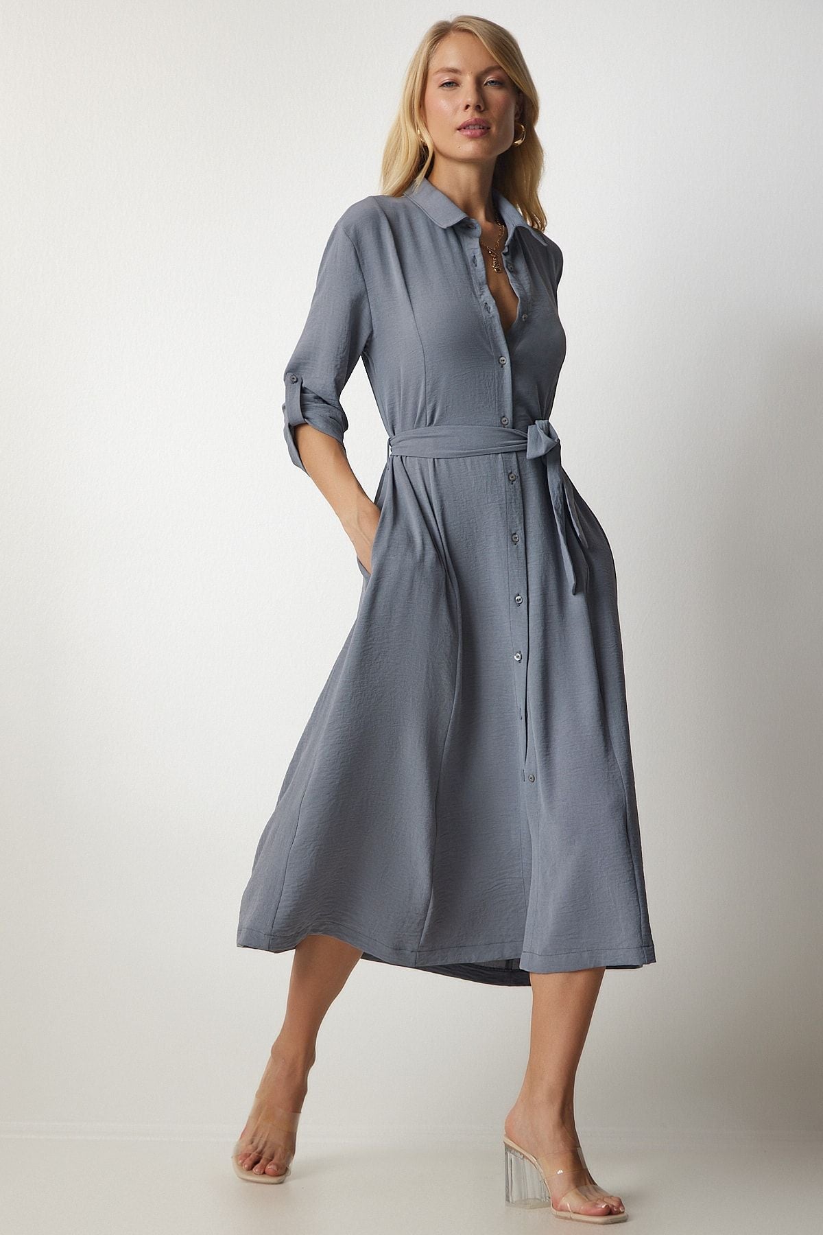 Women's Gray Belt Shirt Dress DD01256