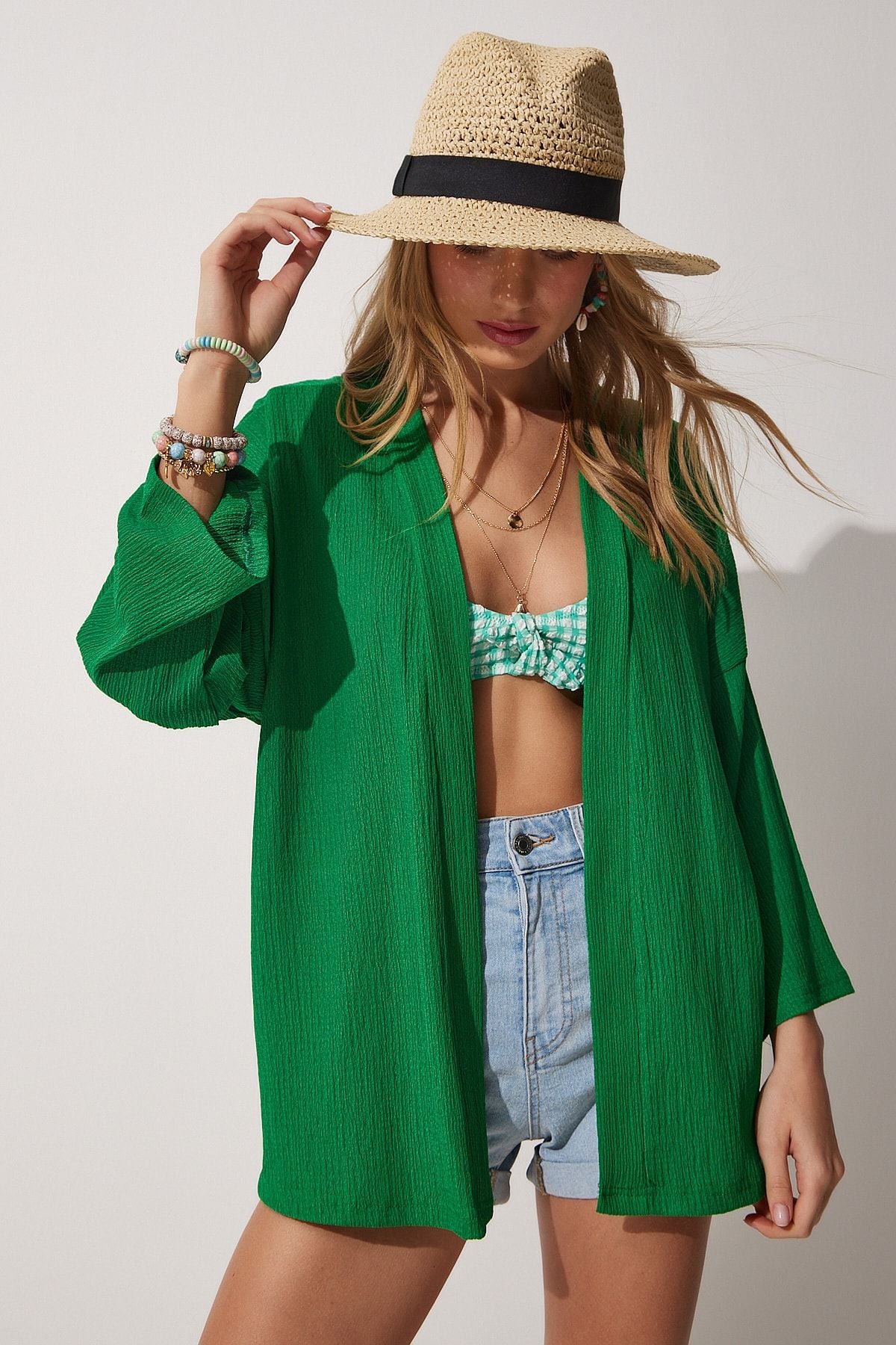 Female Green Storey Collar textured seasonal jacket DD01064