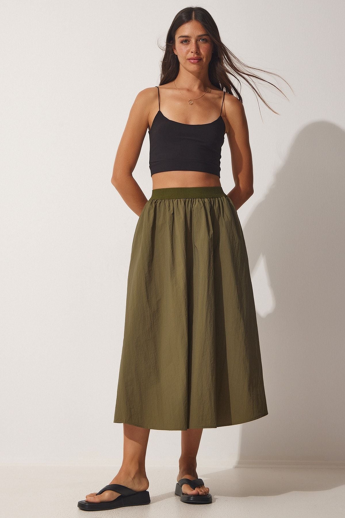 Woman Khaki Balloon Parachute Midi Skirt UL00008