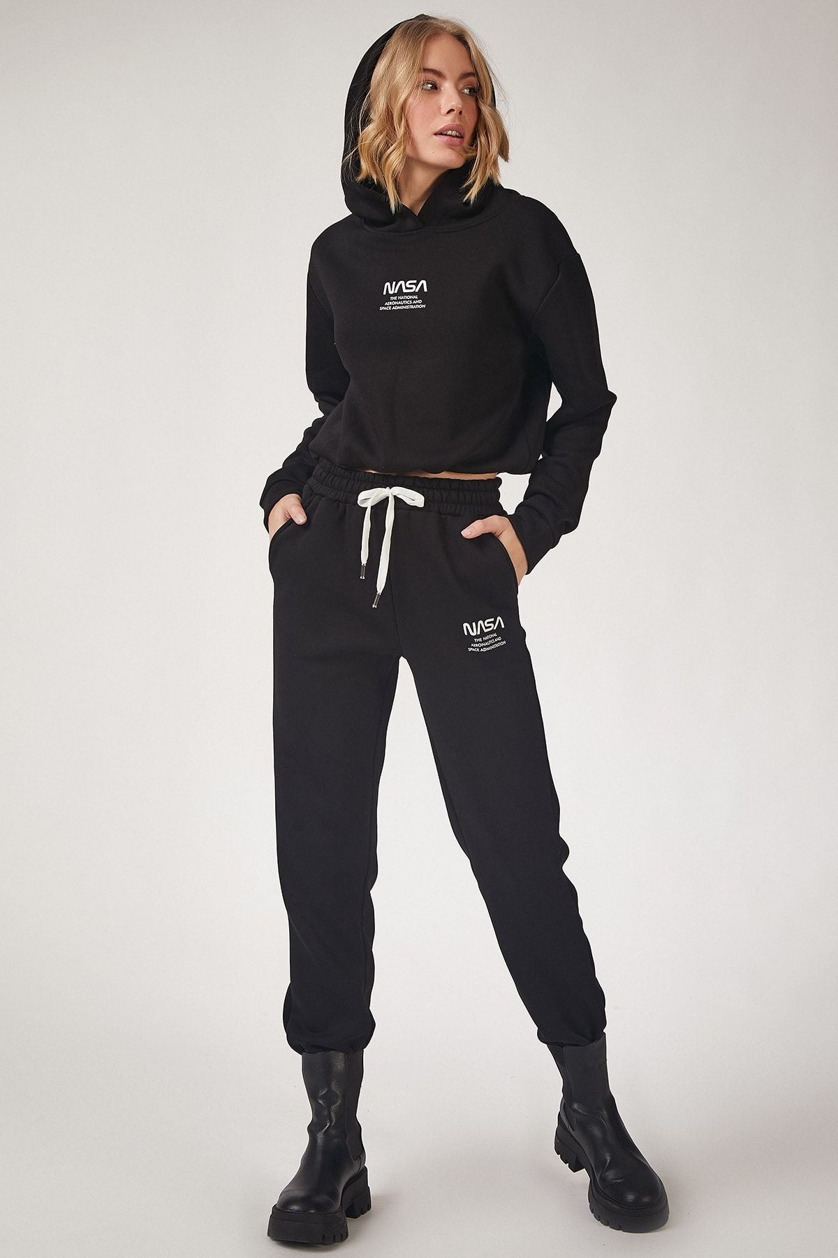 Female Black NASA printed fleece tracksuit team LD00022