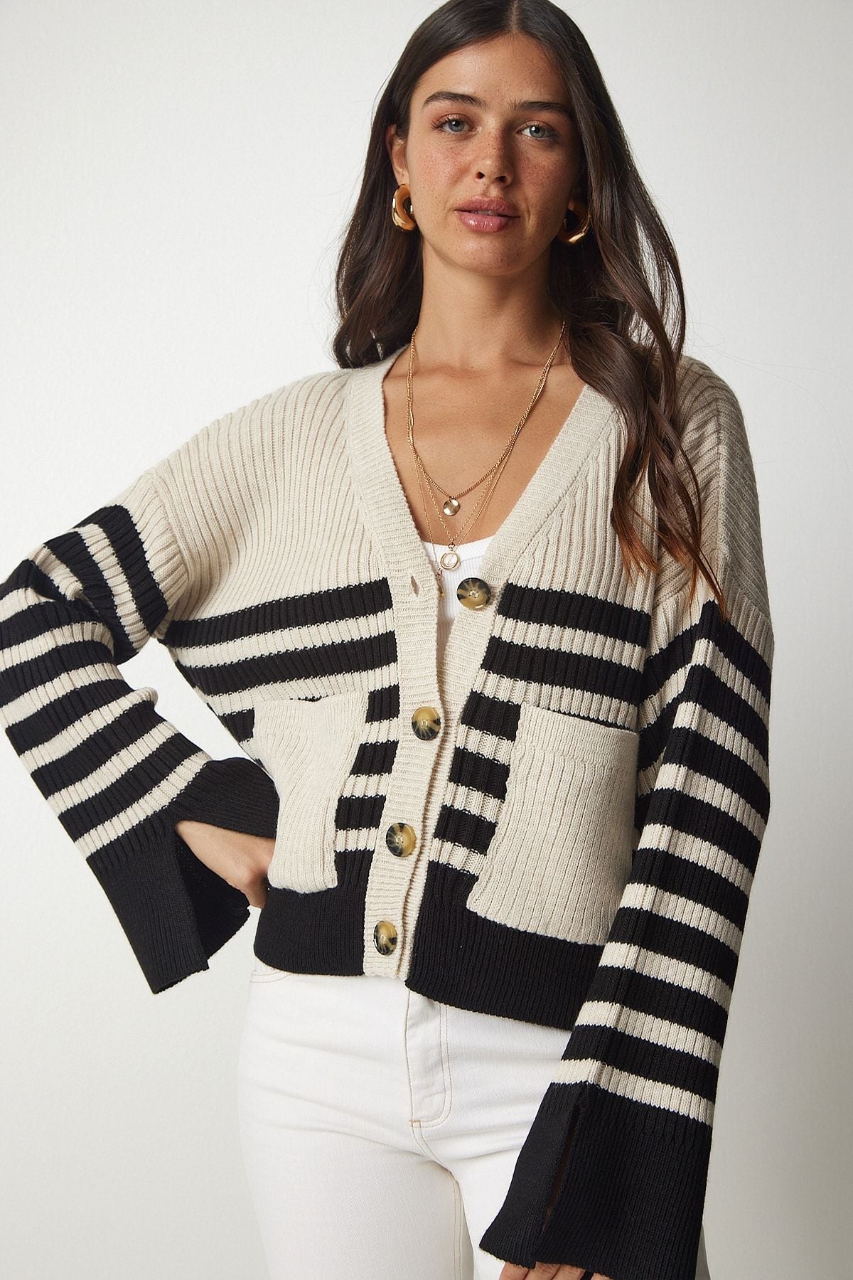 Women's Beige Black striped pocket knitwear cardigan BV00106