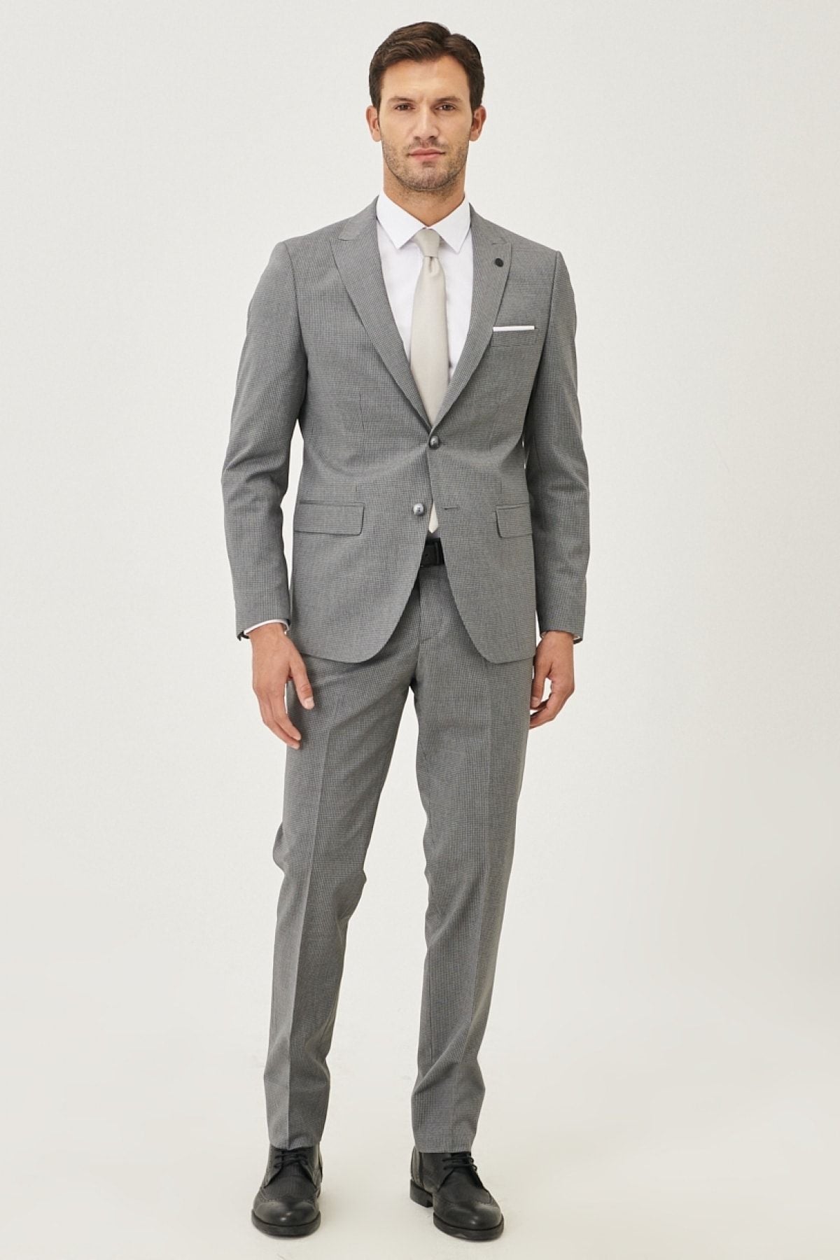 Men's Gray Slim Fit Narrow Cut Patterned Suit Suit