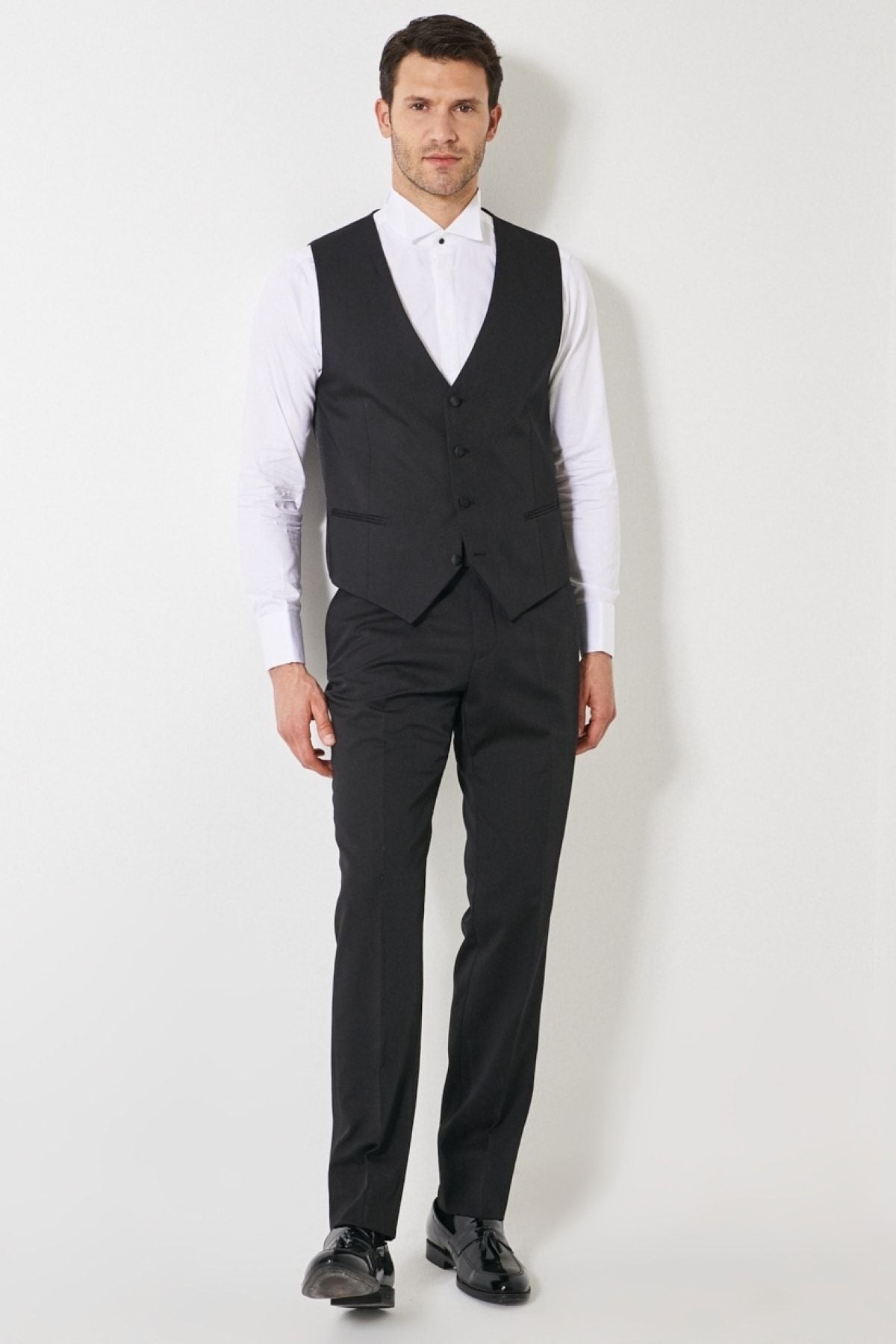 Men's Black Slim Fit Narrow Cut V -Neck Patternic Classic Vest