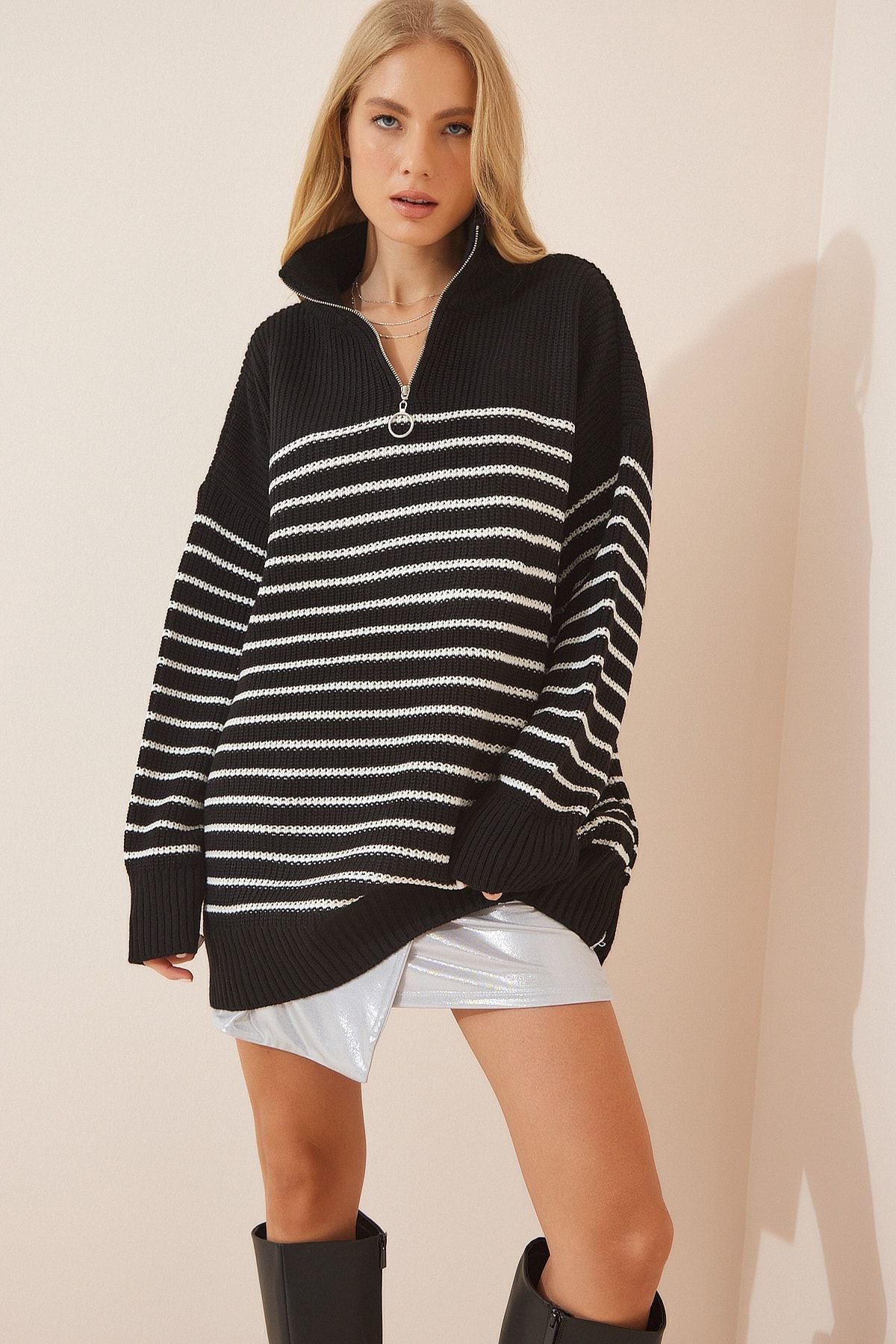 Female black zipper steep collar striped oversiz Kazakh yy00077