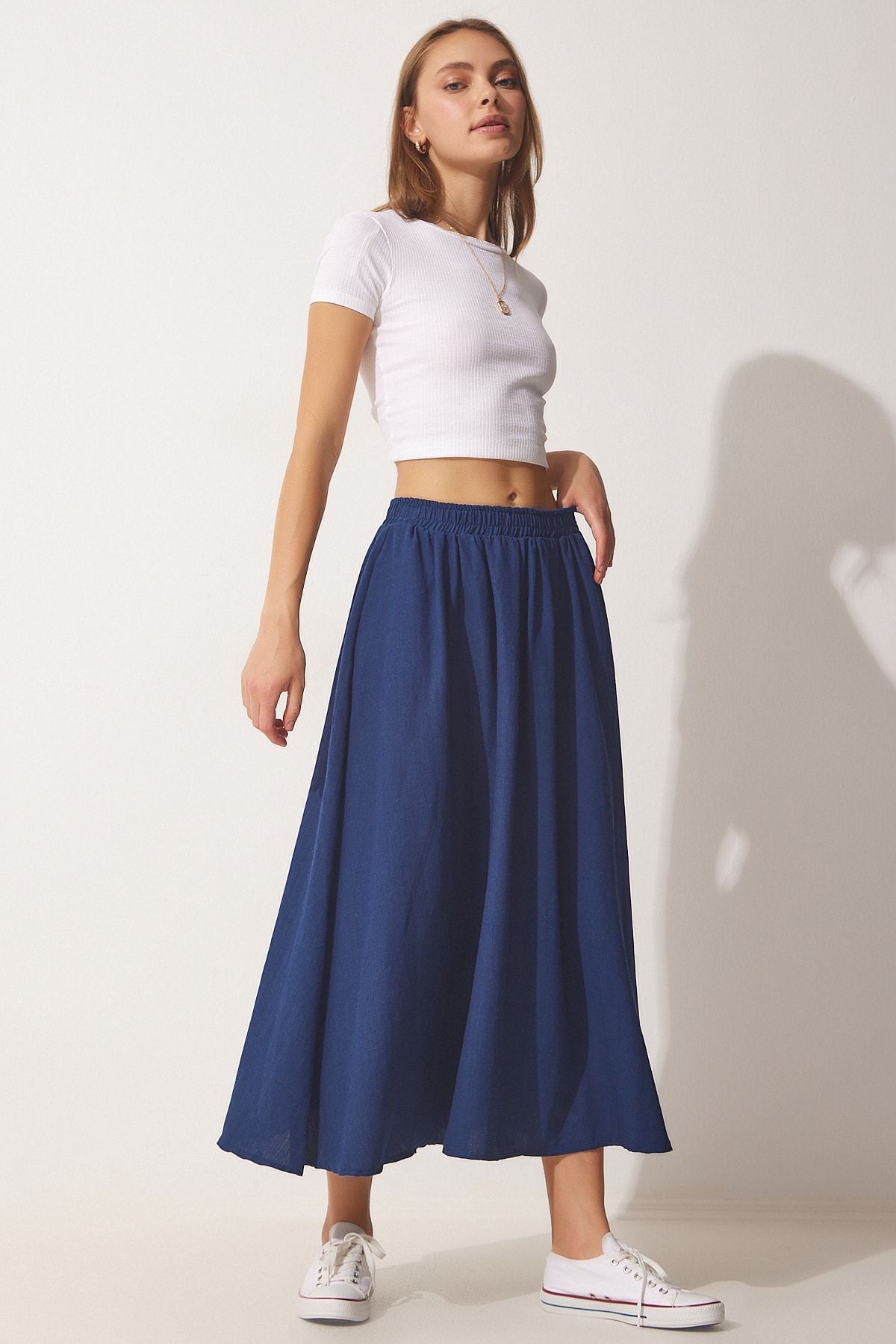 Female navy blue pocket linen cloach skirt mc00195